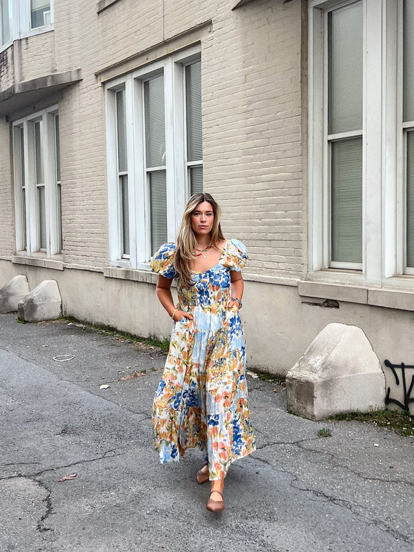 sundrenched floral print sweetheart neck short puff sleeve maxi dress Brighter Perspective Dress, Tan Floral Chic Soul