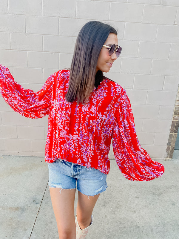 Tomato Floral Long Sleeve Blouse