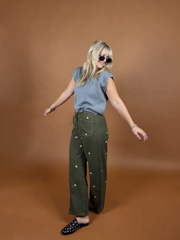 Clover Embroidered Barrel Pants