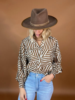 Geometric Stripe Bubble Sleeve Blouse