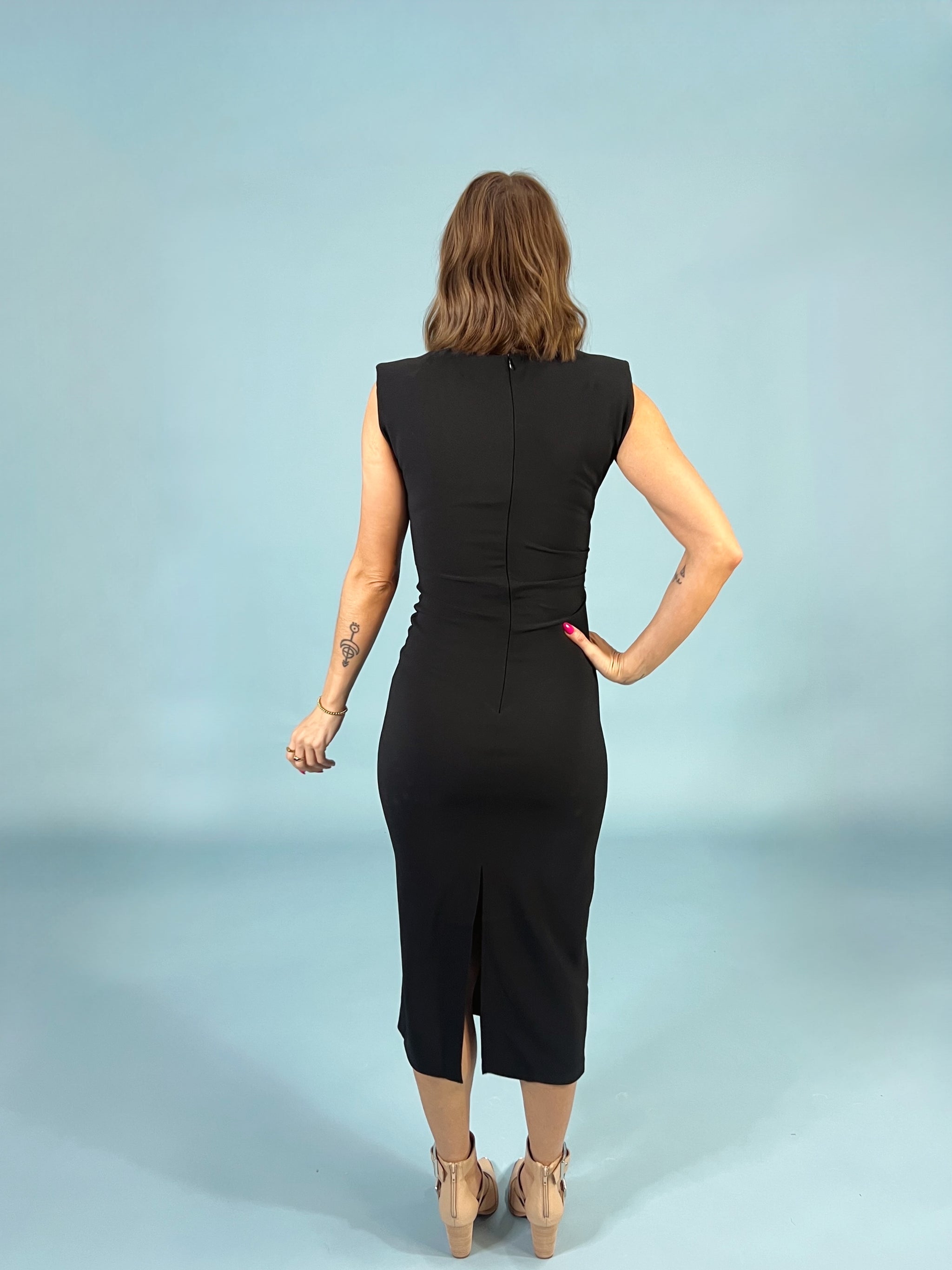 Shoulder Pad Pleated Waist Black Dress - ShopFringeClothing.com Shoulder Pad Pleated Waist Black Dress - ShopFringeClothing.com
