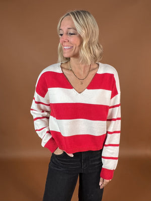 Red Stripe V-Neck Sweater