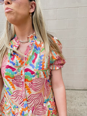 Multi Color Candy Abstract Print Button Down Dress