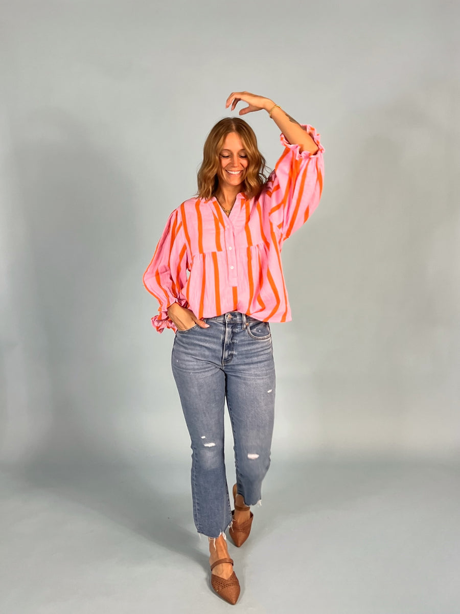 Pink and Orange Stripe Linen Top