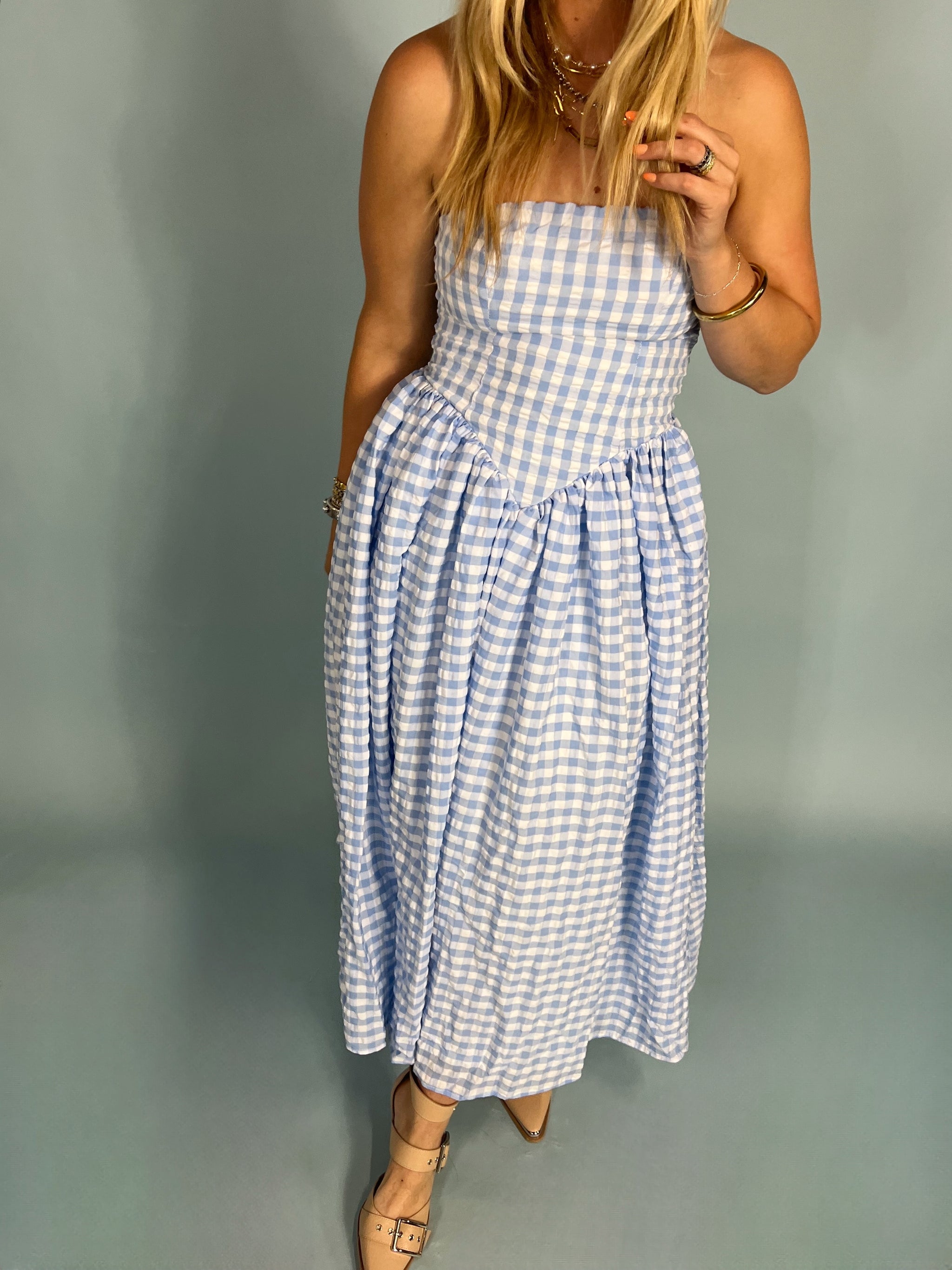 light blue checkered dress Women's Straight Shot Dress, Blue