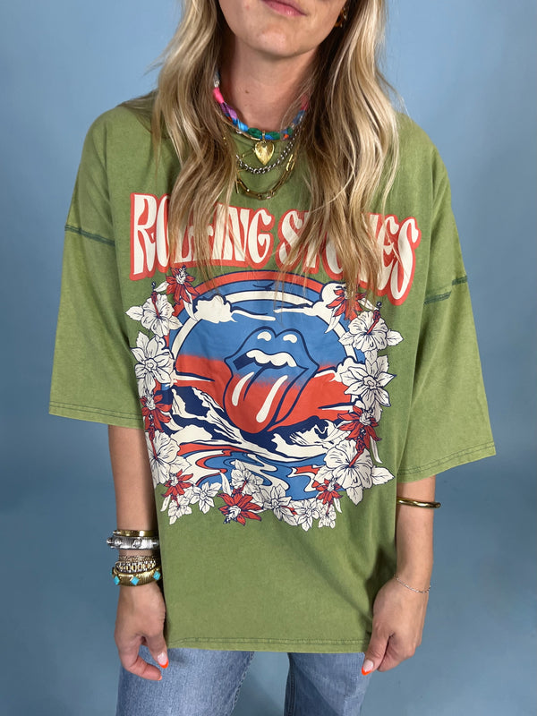Olive Oversize Rolling Stones Tee