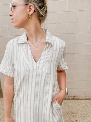 White + Taupe Beach Stripe Shirt Maxi Dress