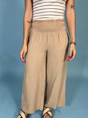 Smocked High Waist Linen Pants