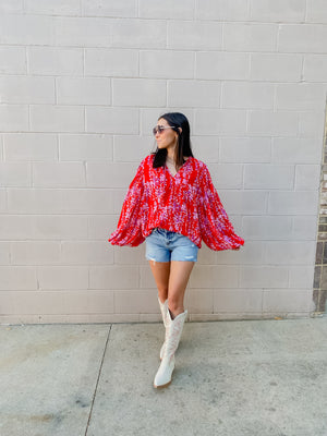 Tomato Floral Long Sleeve Blouse