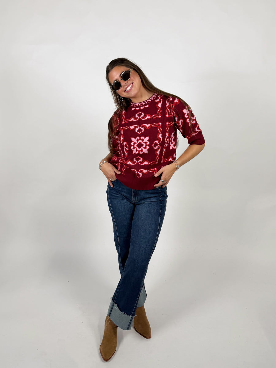 Burgundy Floral Knit Top
