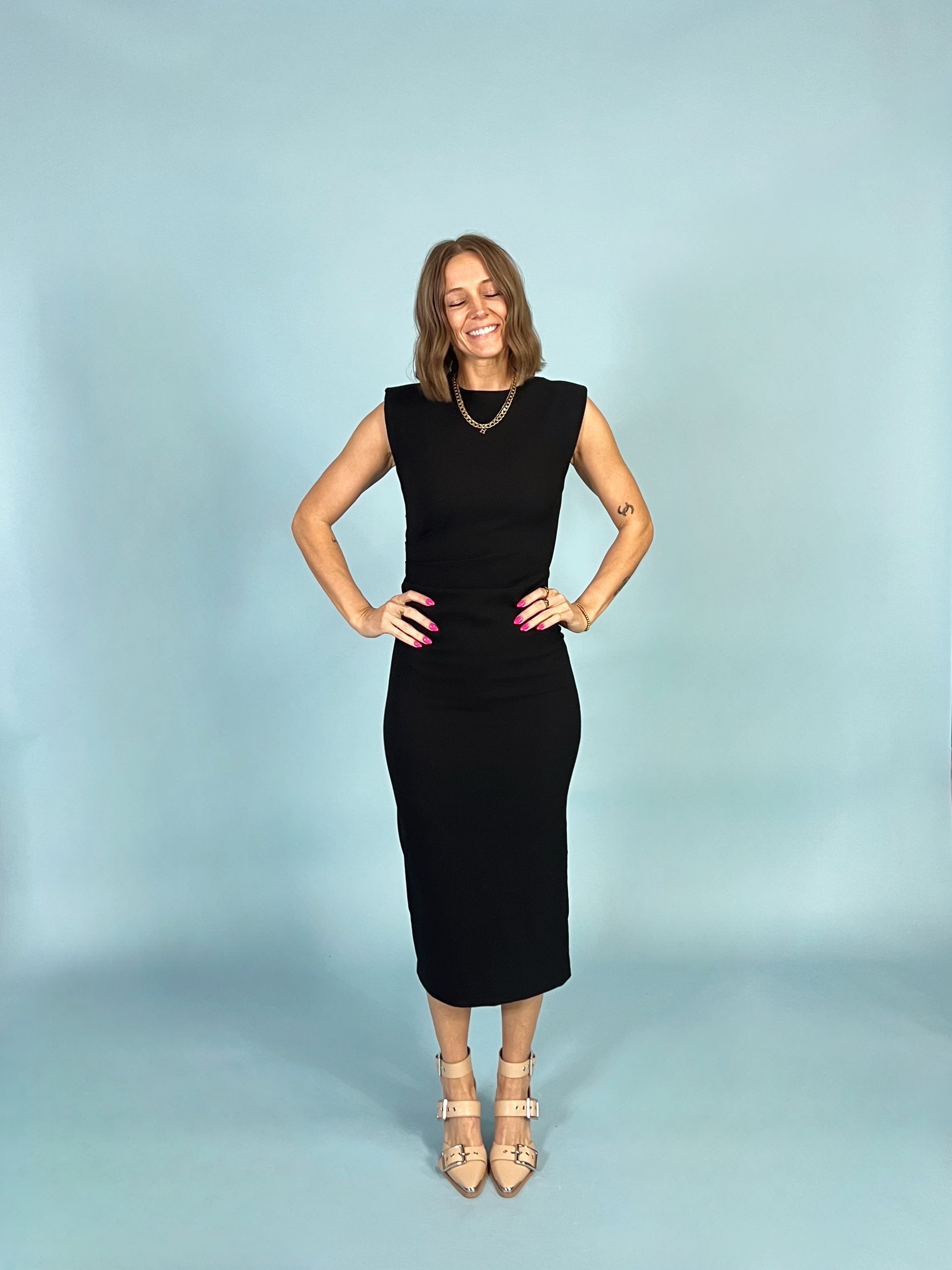 Shoulder Pad Pleated Waist Black Dress Shoulder Pad Pleated Waist Black Dress