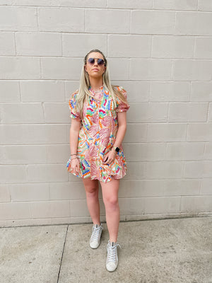 Multi Color Candy Abstract Print Button Down Dress