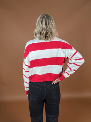 Red Stripe V-Neck Sweater