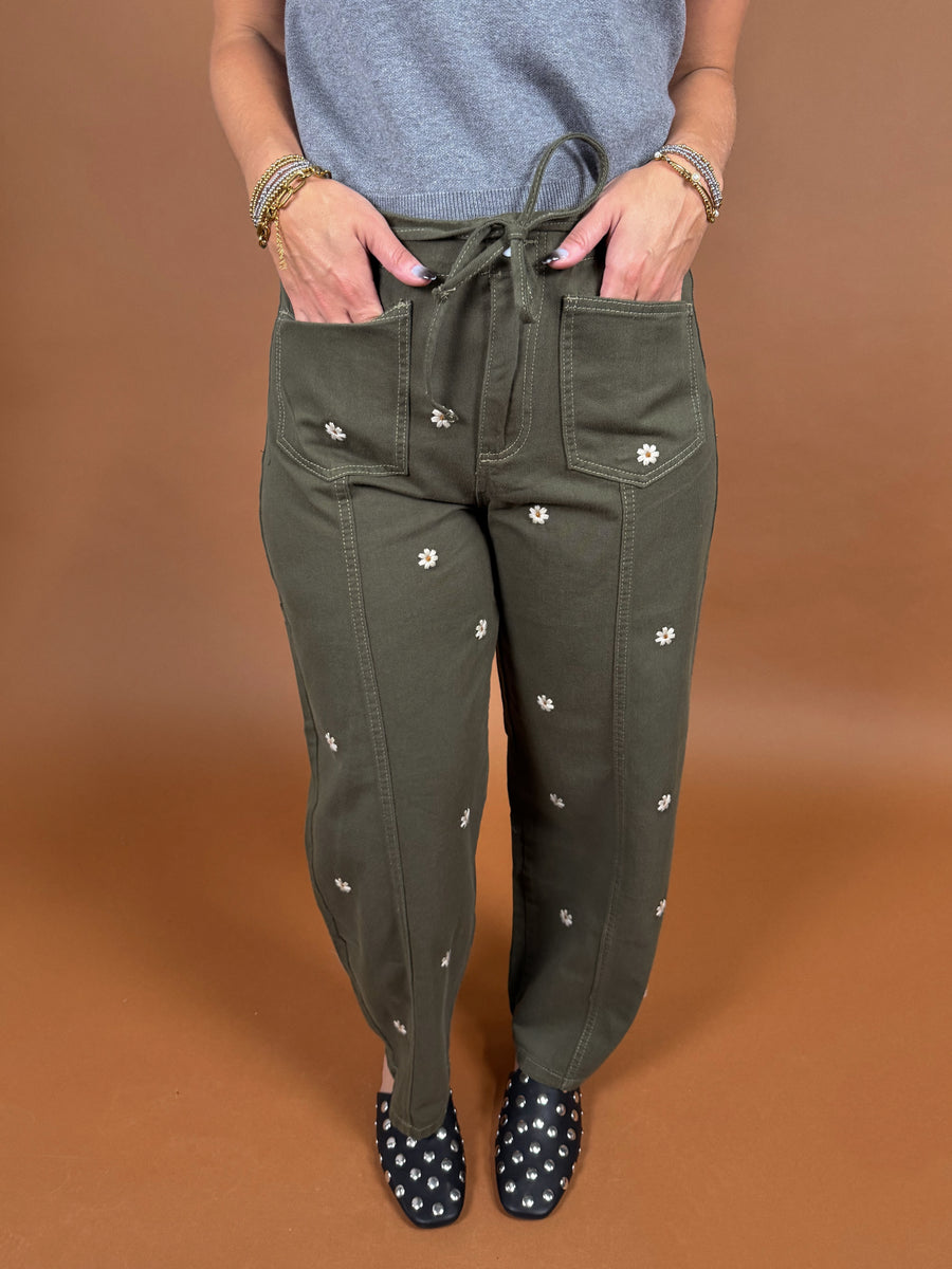 Clover Embroidered Barrel Pants