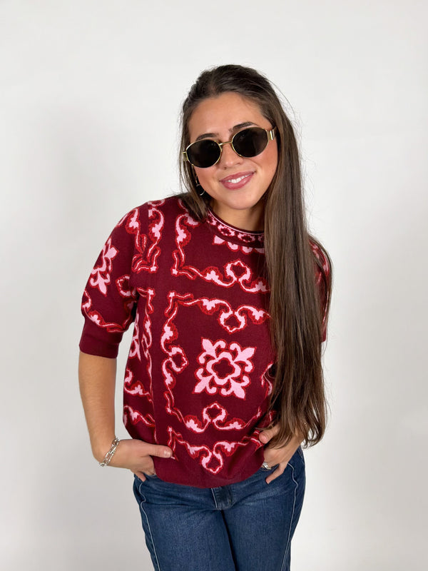 Burgundy Floral Knit Top