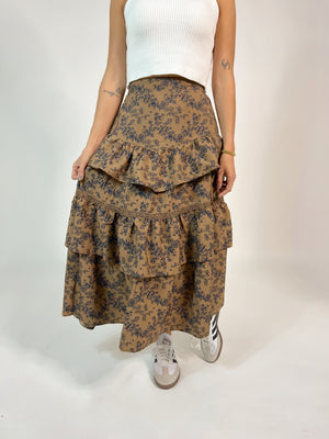 French Toile Ruffle Midi Skirt