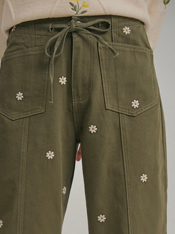 Clover Embroidered Barrel Pants