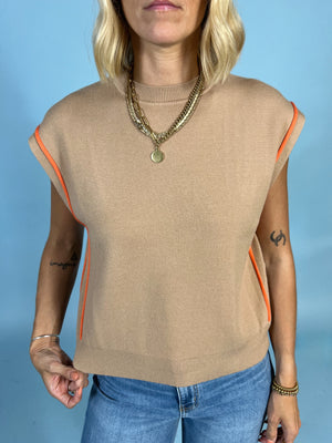 Orange Stitch Sleeveless Knit Top