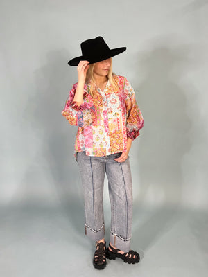 Patchwork Print Bubble Sleeve Blouse