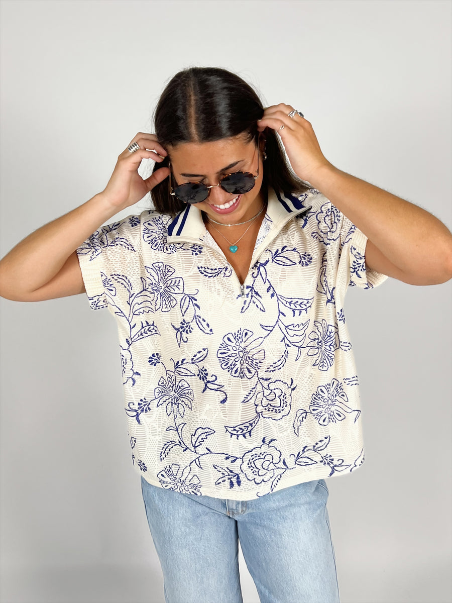 Porcelain Lace Polo Top