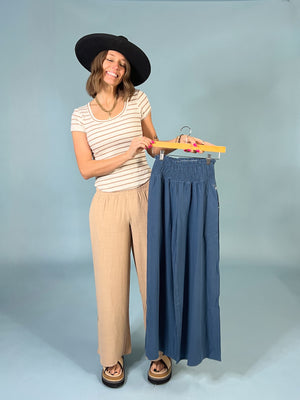 Smocked High Waist Linen Pants