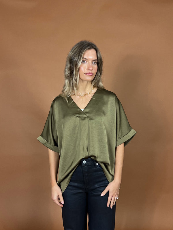 Olive V-Neck Satin Top