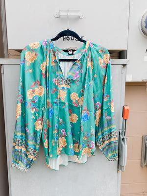 Green  Floral Printed Balloon Sleeve Blouse