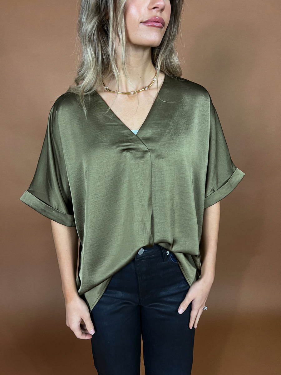 Olive V-Neck Satin Top