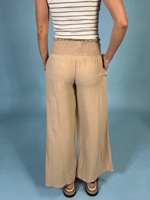 Smocked High Waist Linen Pants