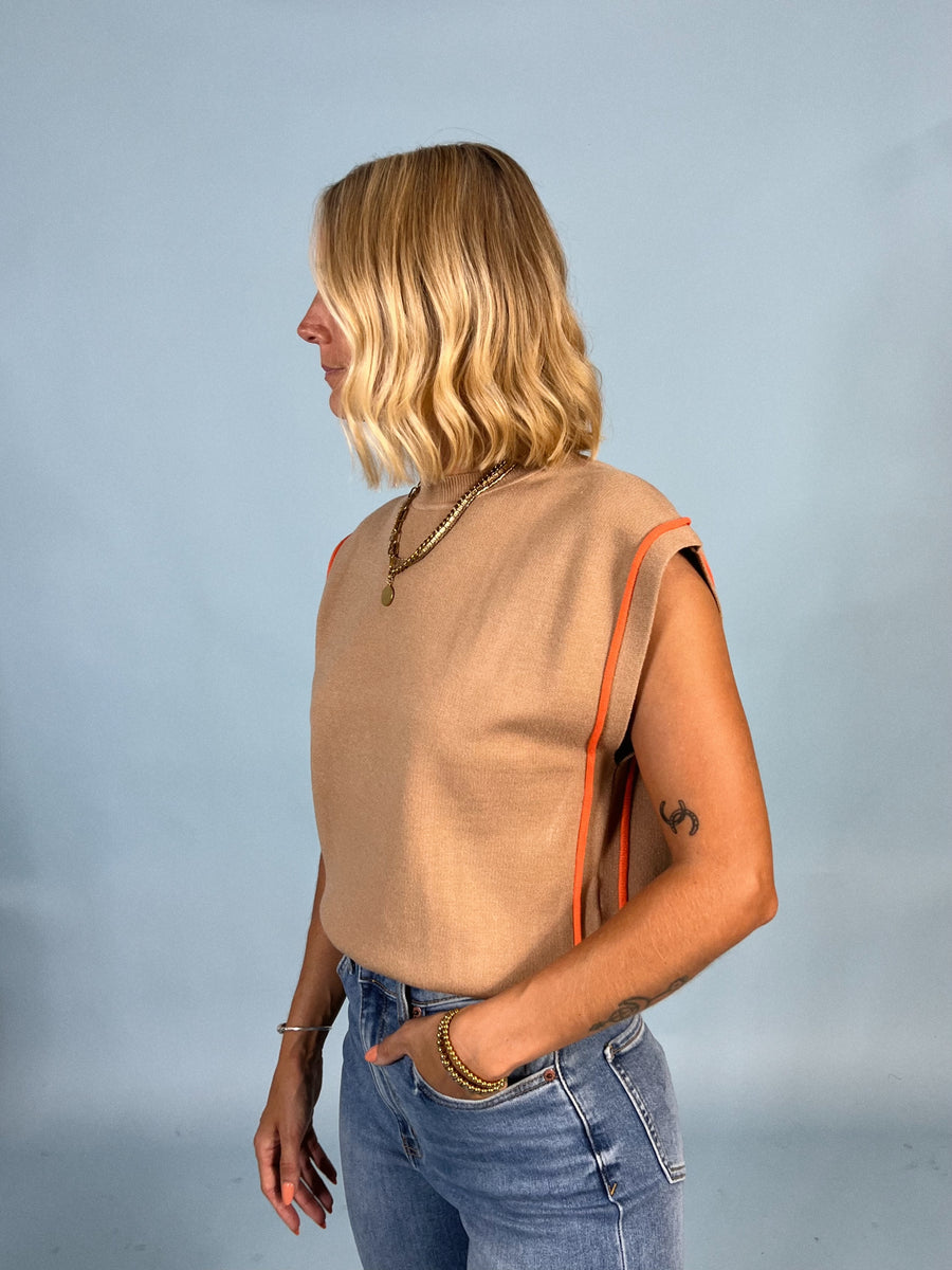 Orange Stitch Sleeveless Knit Top