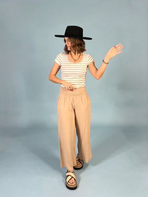 Smocked High Waist Linen Pants