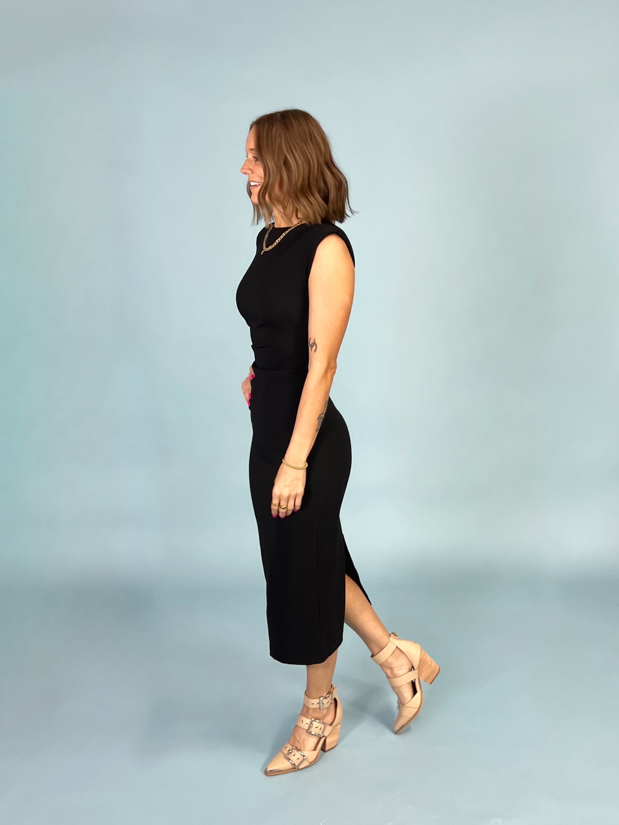 Shoulder Pad Pleated Waist Black Dress - ShopFringeClothing.com Shoulder Pad Pleated Waist Black Dress - ShopFringeClothing.com