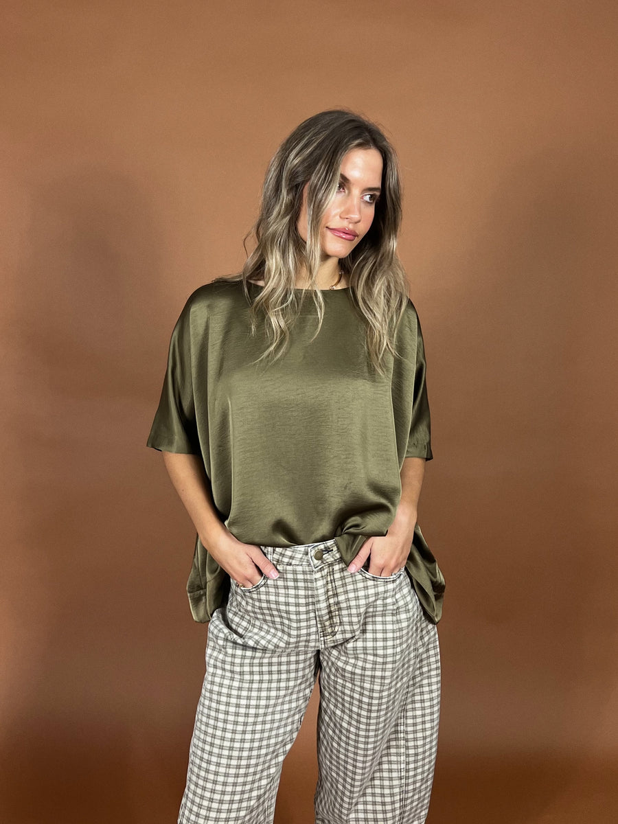 Olive Round Neck Satin Top