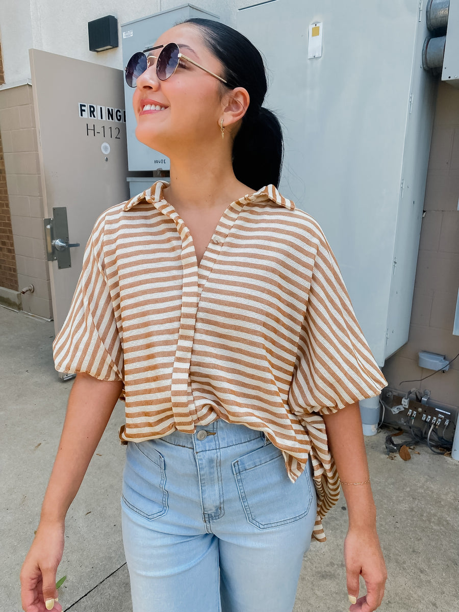 Brown White Stripe Button Down