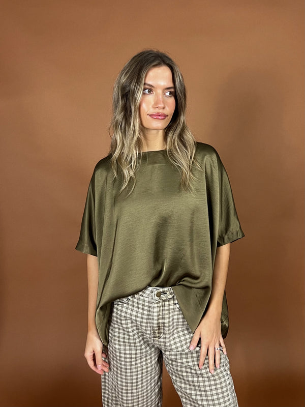 Olive Round Neck Satin Top