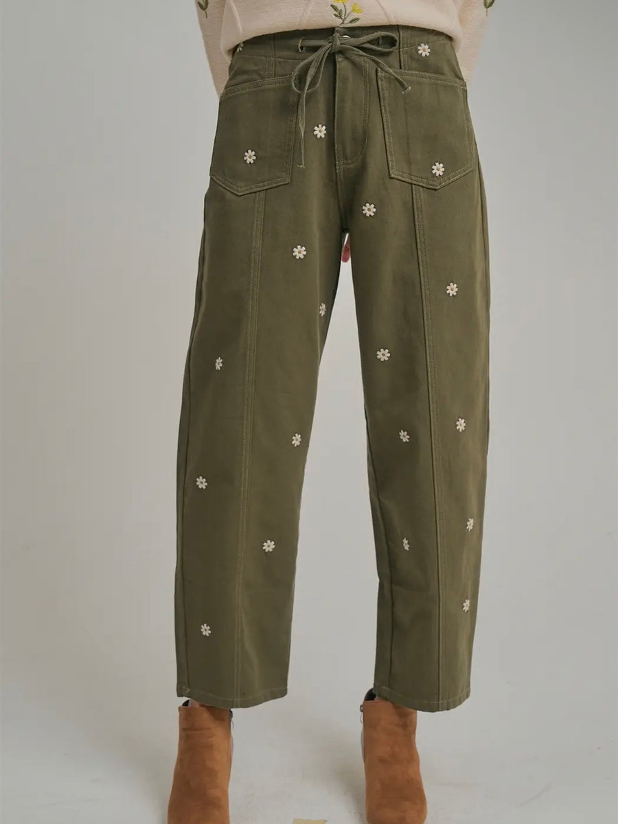 Clover Embroidered Barrel Pants