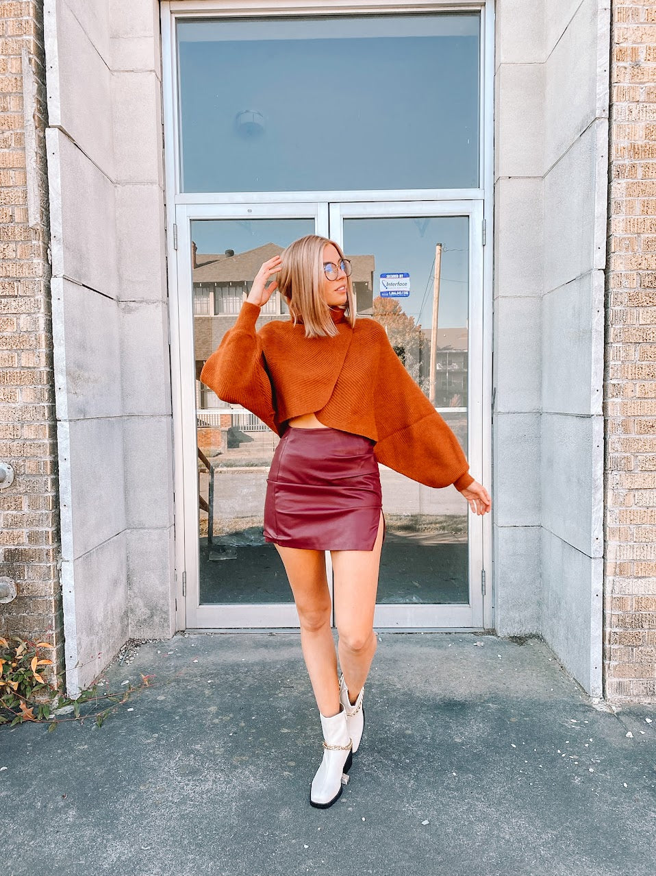 Lauren Conrad for kohls burgundy wine leather circle skirt leather skater  skirt burgundy red leather skirt cropped cable sweater ZARA plaid  blanket scarf brown suede ankle boots Louis Vuitton totally MM tote 